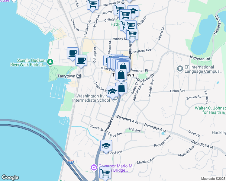 map of restaurants, bars, coffee shops, grocery stores, and more near 57 John Street in Tarrytown