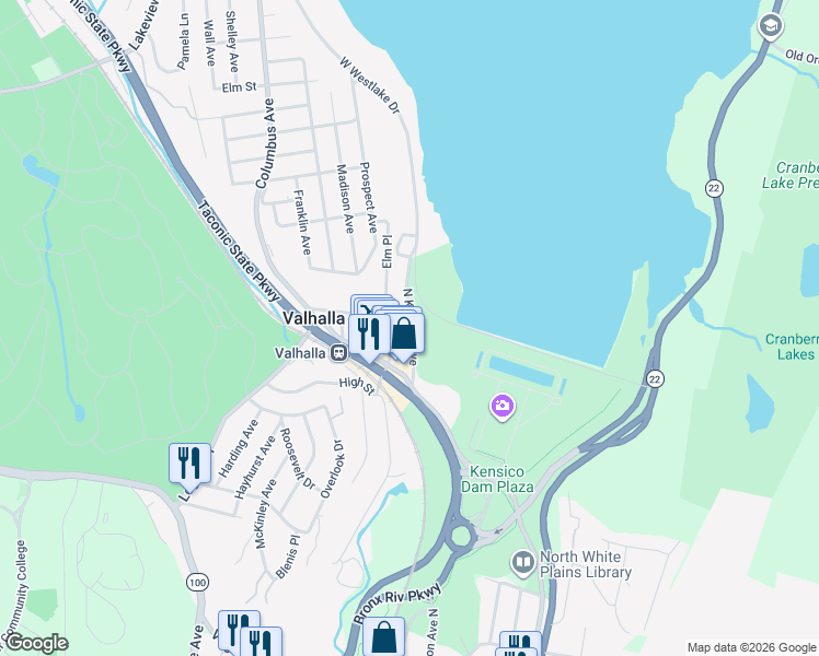 map of restaurants, bars, coffee shops, grocery stores, and more near 37 North Kensico Avenue in Valhalla