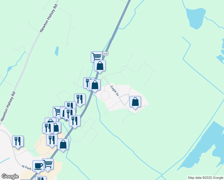 map of restaurants, bars, coffee shops, grocery stores, and more near 19 Eagle Drive in Newton