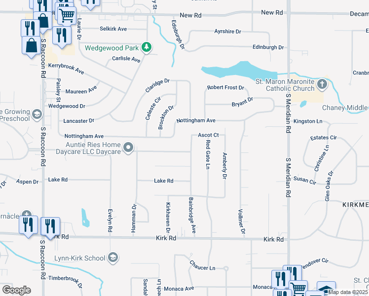 map of restaurants, bars, coffee shops, grocery stores, and more near 2738 Bainbridge Avenue in Youngstown