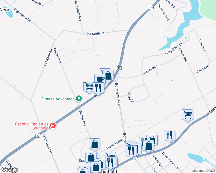 map of restaurants, bars, coffee shops, grocery stores, and more near 4655 Route 48 in Southold