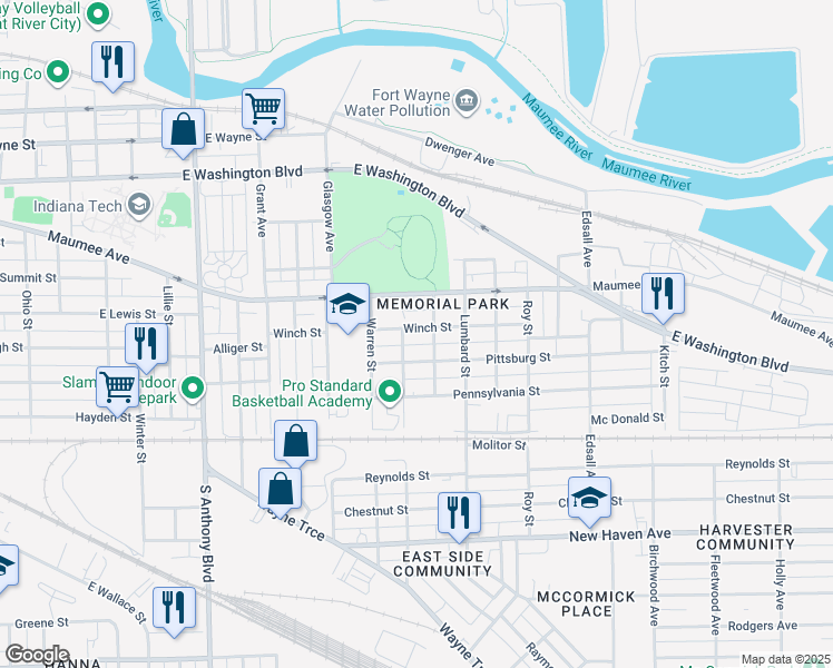 map of restaurants, bars, coffee shops, grocery stores, and more near 2414 Winch Street in Fort Wayne