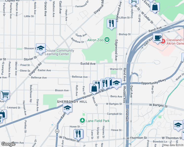 map of restaurants, bars, coffee shops, grocery stores, and more near 666 Moon Street in Akron