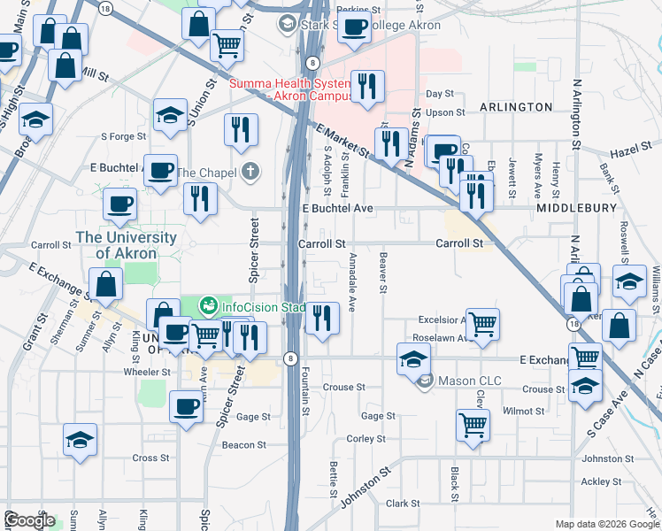 map of restaurants, bars, coffee shops, grocery stores, and more near 548 Hazel Pl in Akron