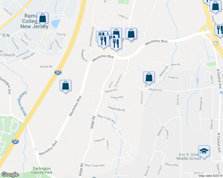 map of restaurants, bars, coffee shops, grocery stores, and more near 1123 Sycamore Lane in Mahwah