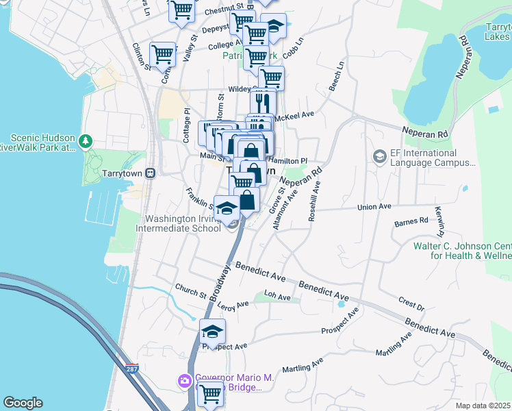 map of restaurants, bars, coffee shops, grocery stores, and more near 56 South Broadway in Tarrytown