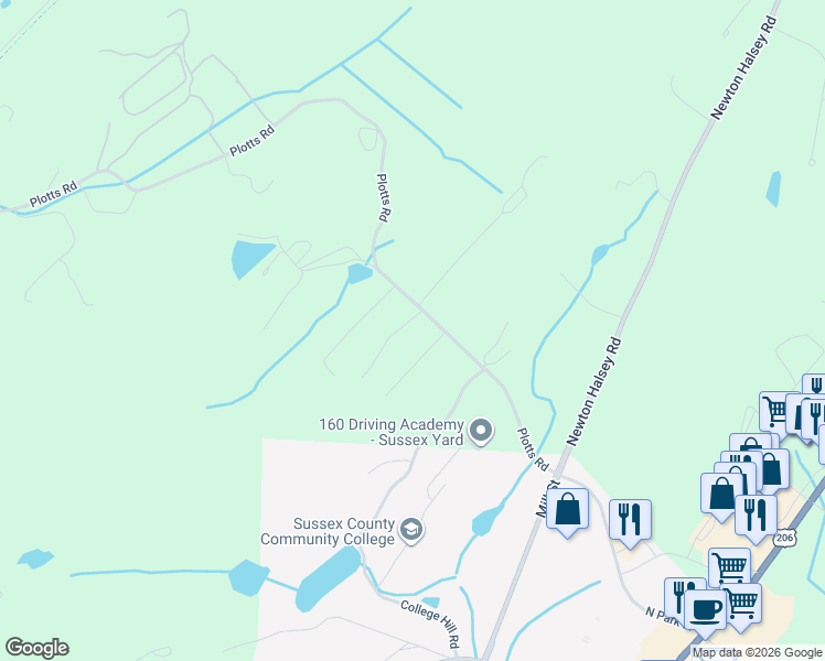 map of restaurants, bars, coffee shops, grocery stores, and more near 105 Rolling Acres Drive in Newton