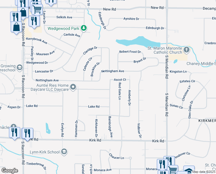 map of restaurants, bars, coffee shops, grocery stores, and more near 2738 Bainbridge Avenue in Youngstown