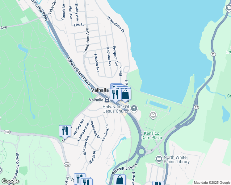 map of restaurants, bars, coffee shops, grocery stores, and more near 20 Madison Avenue in Valhalla