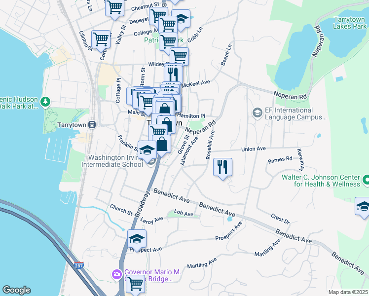 map of restaurants, bars, coffee shops, grocery stores, and more near 34 Grove Street in Tarrytown
