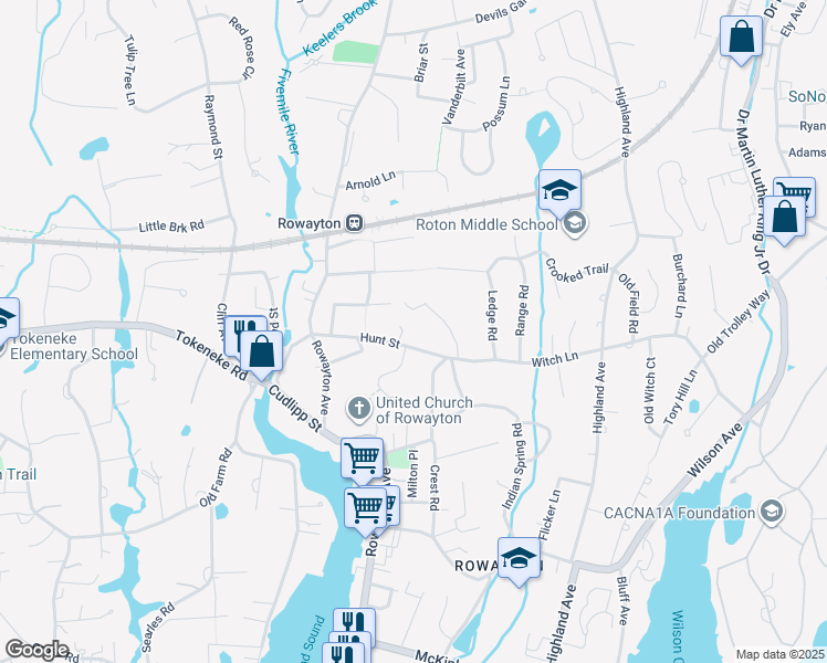 map of restaurants, bars, coffee shops, grocery stores, and more near 47 Hunt Street in Norwalk
