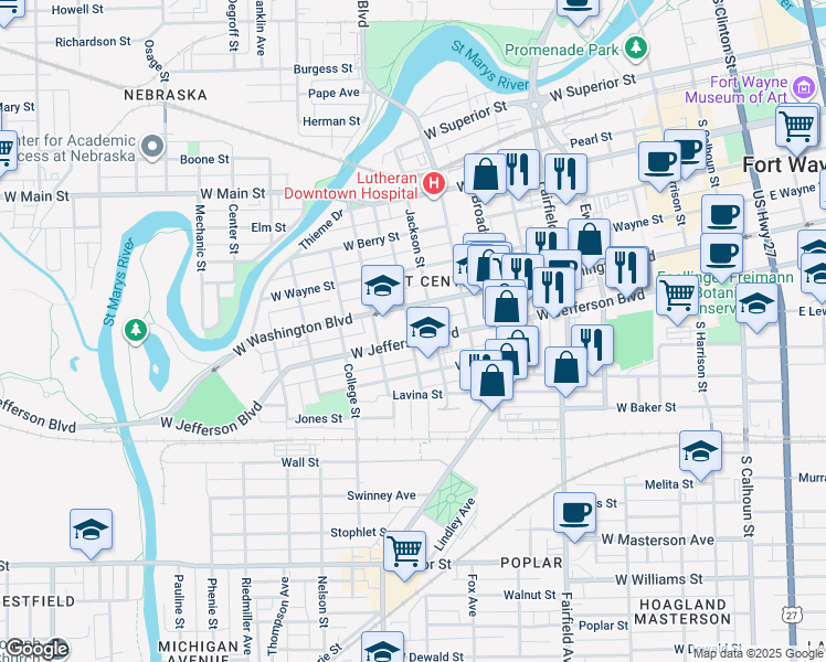 map of restaurants, bars, coffee shops, grocery stores, and more near 922 West Jefferson Boulevard in Fort Wayne