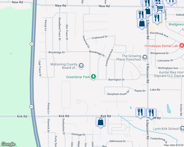 map of restaurants, bars, coffee shops, grocery stores, and more near 2365 Innwood Drive in Youngstown