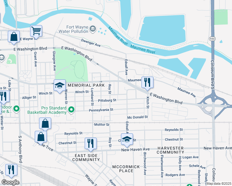 map of restaurants, bars, coffee shops, grocery stores, and more near 1312 Fairview Avenue in Fort Wayne