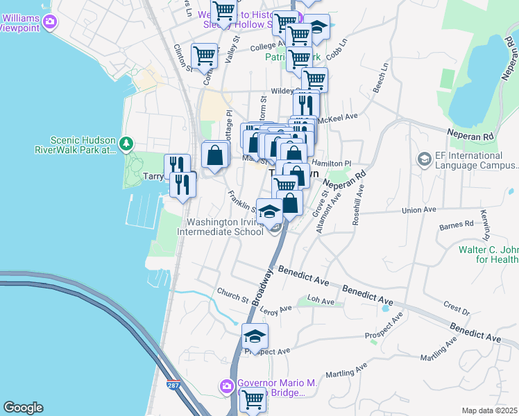 map of restaurants, bars, coffee shops, grocery stores, and more near 50 Franklin Street in Tarrytown
