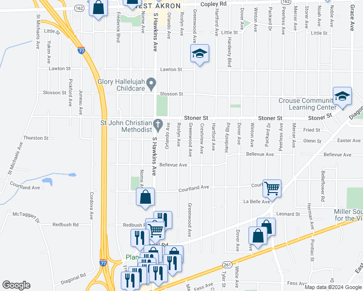 map of restaurants, bars, coffee shops, grocery stores, and more near 1237 Roslyn Avenue in Akron