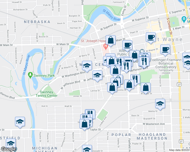 map of restaurants, bars, coffee shops, grocery stores, and more near 1032 Jackson Street in Fort Wayne