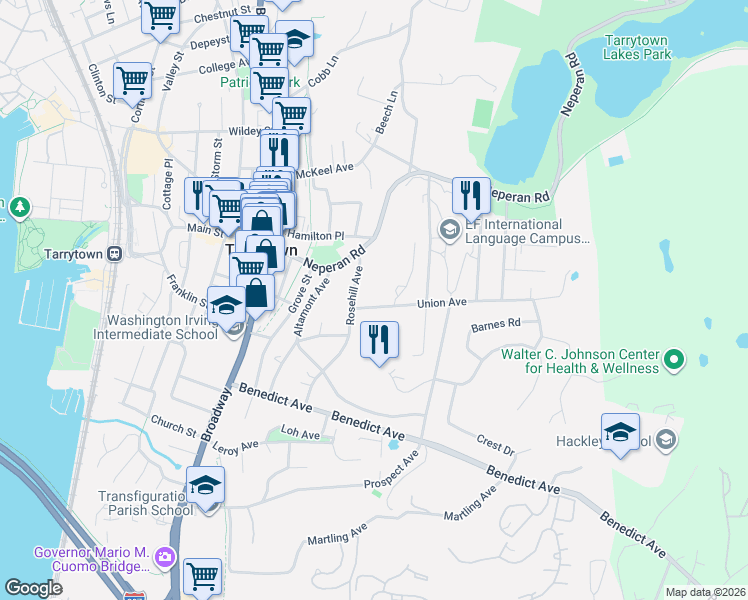 map of restaurants, bars, coffee shops, grocery stores, and more near 21 Union Avenue in Tarrytown