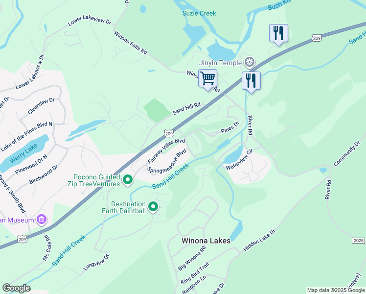 map of restaurants, bars, coffee shops, grocery stores, and more near 1601 Springmeadow Boulevard in East Stroudsburg