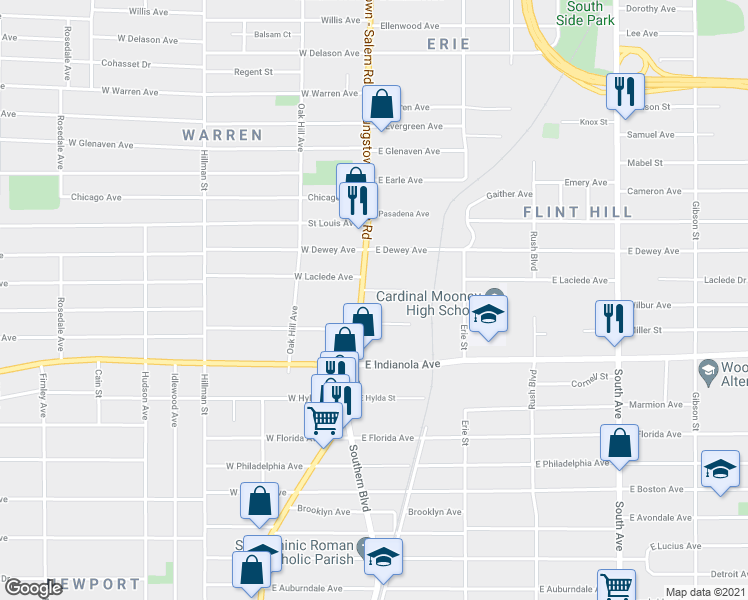 map of restaurants, bars, coffee shops, grocery stores, and more near 2525 Market Street in Youngstown