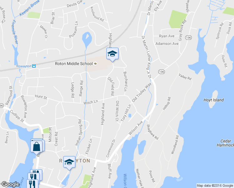 map of restaurants, bars, coffee shops, grocery stores, and more near 117 Witch Lane in Norwalk