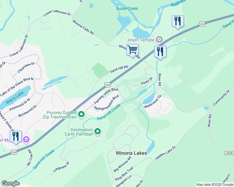 map of restaurants, bars, coffee shops, grocery stores, and more near 1601 Springmeadow Boulevard in East Stroudsburg