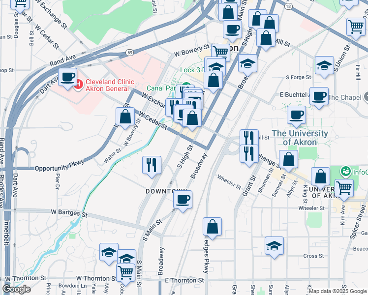 map of restaurants, bars, coffee shops, grocery stores, and more near 401 South Main Street in Akron