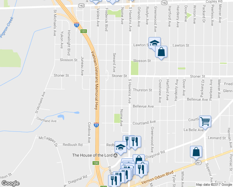 map of restaurants, bars, coffee shops, grocery stores, and more near 1271 Seward Ave in Akron