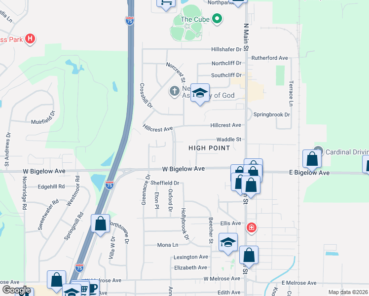 map of restaurants, bars, coffee shops, grocery stores, and more near 2820 Highpoint Lane in Findlay