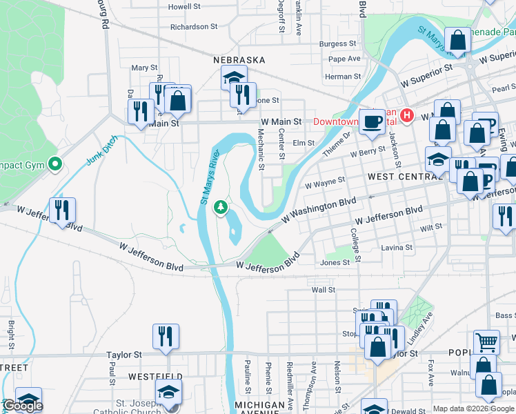 map of restaurants, bars, coffee shops, grocery stores, and more near 227 Center St in Fort Wayne