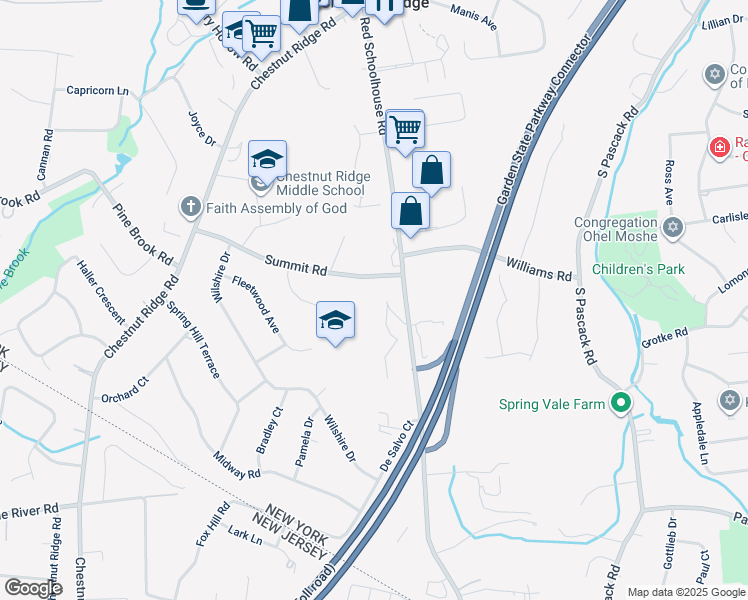 map of restaurants, bars, coffee shops, grocery stores, and more near 135 Red Schoolhouse Road in Spring Valley