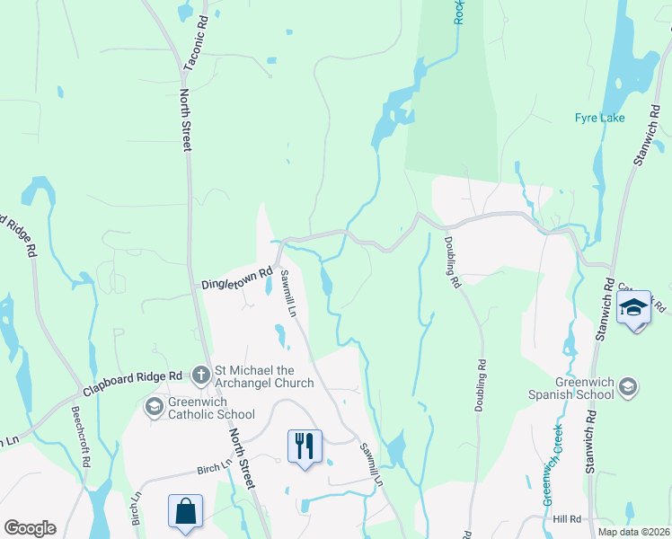 map of restaurants, bars, coffee shops, grocery stores, and more near 50 Dingletown Road in Greenwich