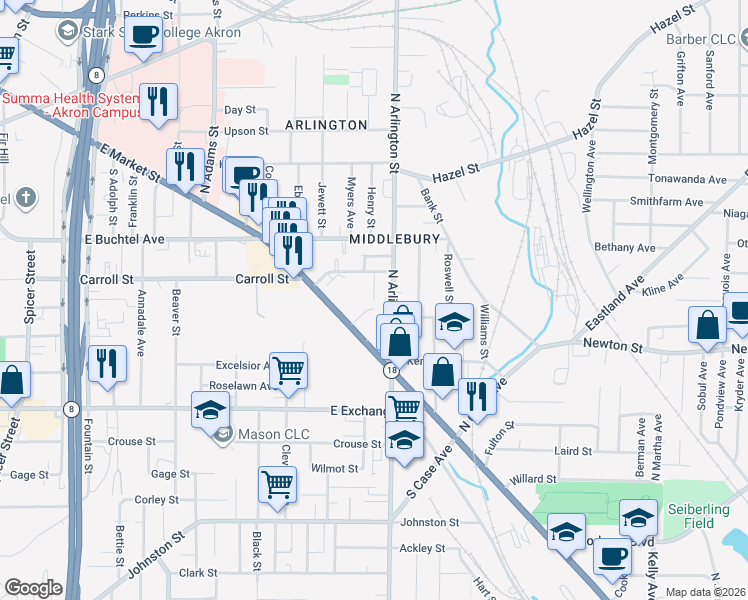 map of restaurants, bars, coffee shops, grocery stores, and more near 80 Shaker Drive in Akron