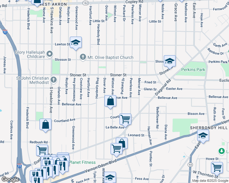 map of restaurants, bars, coffee shops, grocery stores, and more near 1115 Winton Avenue in Akron