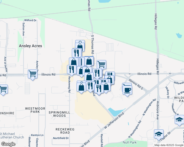 map of restaurants, bars, coffee shops, grocery stores, and more near 4602 Illinois Road in Fort Wayne
