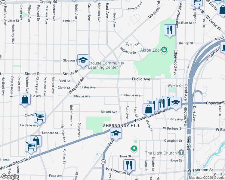 map of restaurants, bars, coffee shops, grocery stores, and more near 714 Easter Avenue in Akron