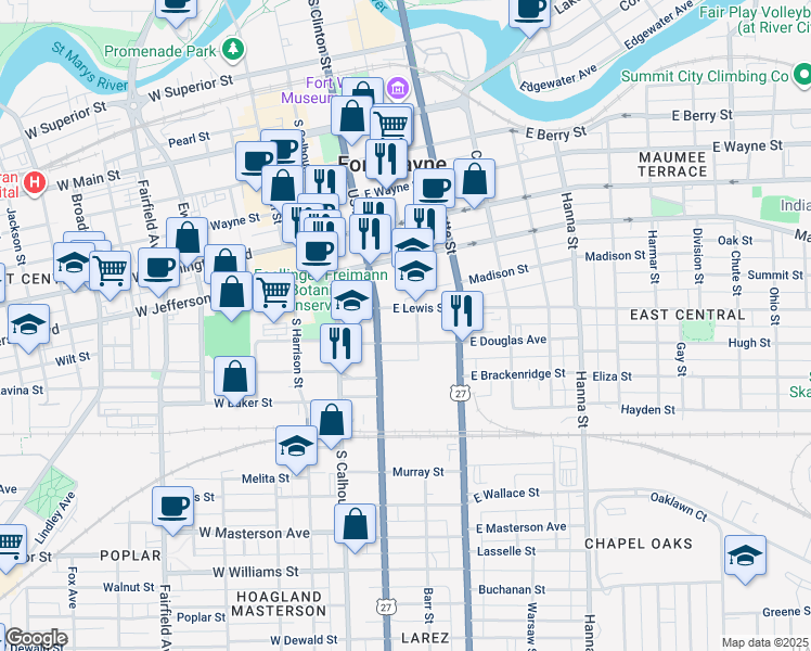 map of restaurants, bars, coffee shops, grocery stores, and more near 1200 South Barr Street in Fort Wayne