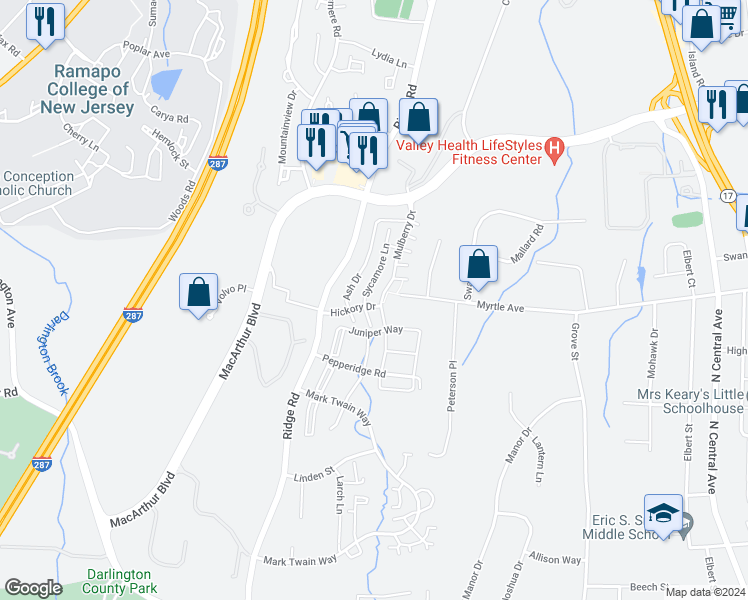 map of restaurants, bars, coffee shops, grocery stores, and more near 1229 Mulberry Drive in Mahwah