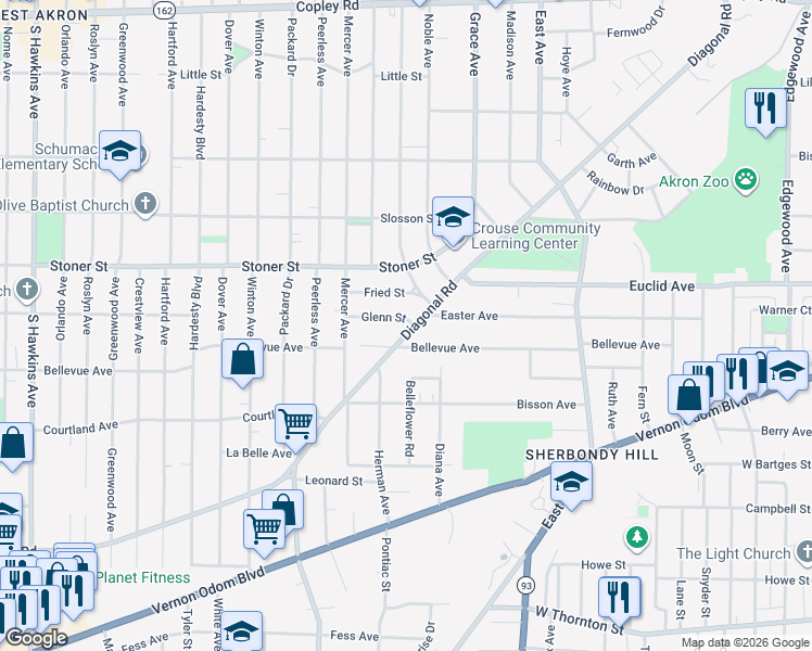 map of restaurants, bars, coffee shops, grocery stores, and more near 1122 Diagonal Road in Akron