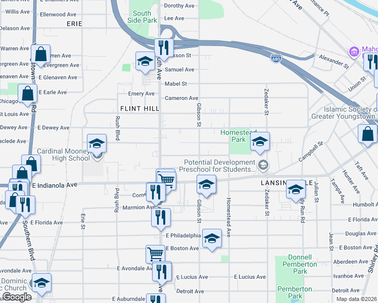 map of restaurants, bars, coffee shops, grocery stores, and more near 544 Wilbur Avenue in Youngstown