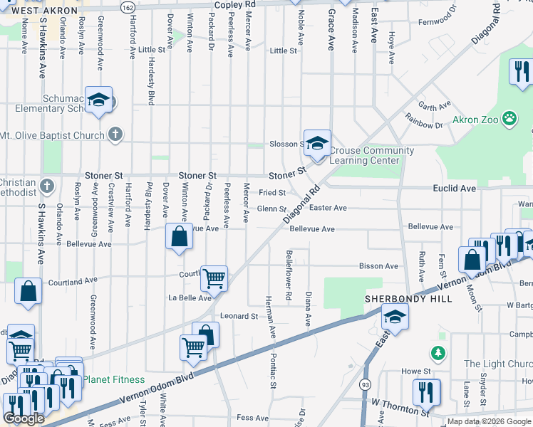 map of restaurants, bars, coffee shops, grocery stores, and more near 870 Glenn Street in Akron