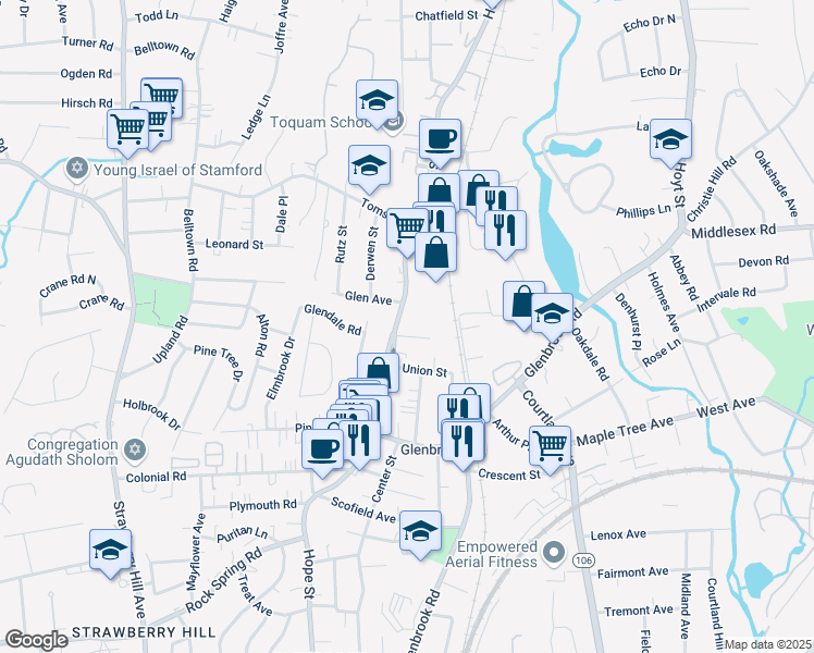 map of restaurants, bars, coffee shops, grocery stores, and more near 10 Douglas Avenue in Stamford