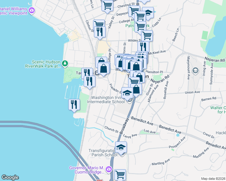 map of restaurants, bars, coffee shops, grocery stores, and more near 10 Riverview Avenue in Tarrytown