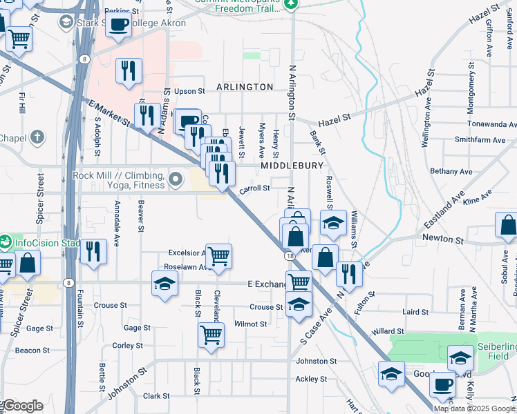 map of restaurants, bars, coffee shops, grocery stores, and more near 20 Maxine Place in Akron