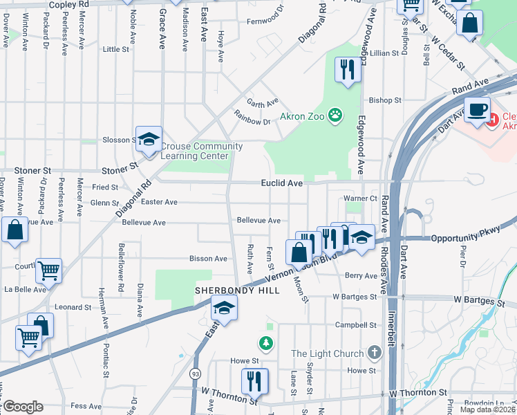 map of restaurants, bars, coffee shops, grocery stores, and more near 668 Fern Street in Akron