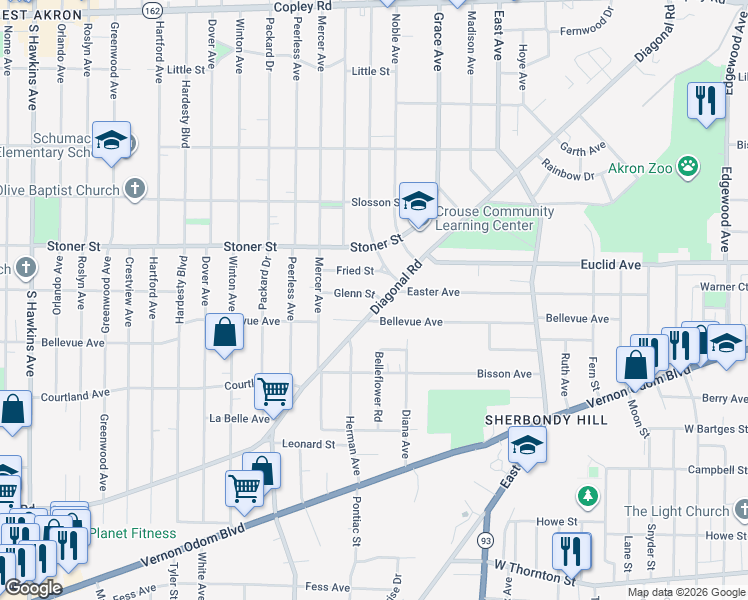 map of restaurants, bars, coffee shops, grocery stores, and more near 1122 Diagonal Road in Akron