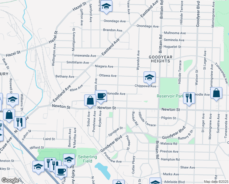 map of restaurants, bars, coffee shops, grocery stores, and more near 1355 Honodle Avenue in Akron