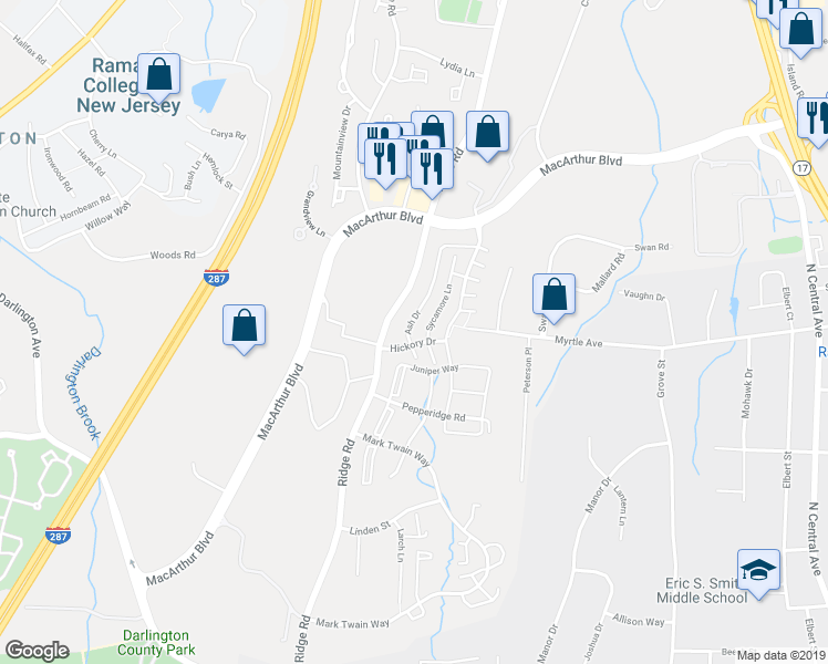 map of restaurants, bars, coffee shops, grocery stores, and more near 1014 Ash Drive in Mahwah