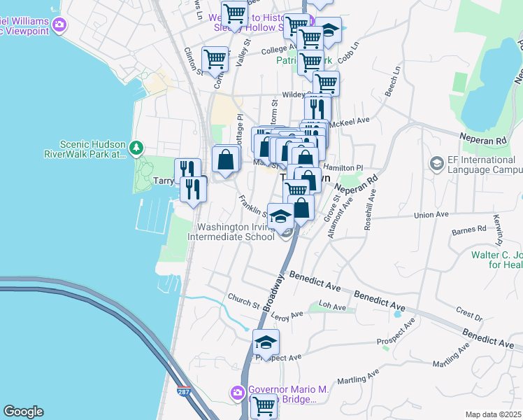 map of restaurants, bars, coffee shops, grocery stores, and more near 50 Franklin Street in Tarrytown