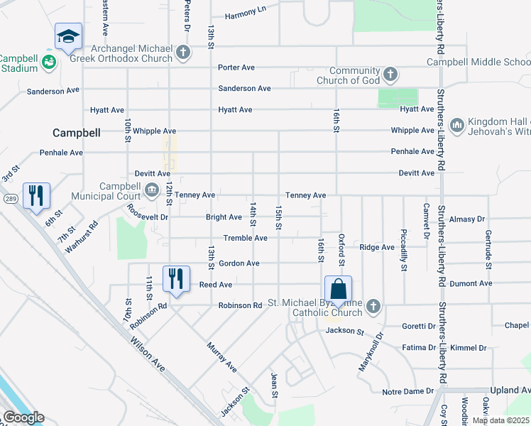 map of restaurants, bars, coffee shops, grocery stores, and more near 158 Bright Avenue in Campbell